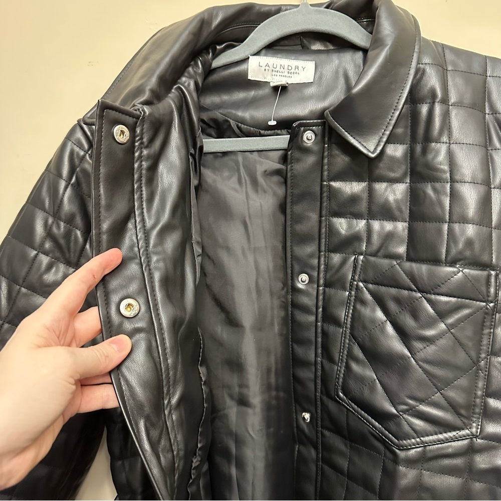Laundry by Shelli Segal Quilted Faux Leather Tie Waist Button Up Jacket Coat - Picture 6 of 7